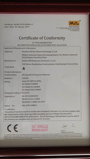 Chine Chuzhou Huihuang Nonwoven Technology Co., Ltd. Certifications